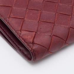 Pre Owned Bottega Veneta Red Intrecciato Leather French Compact Wallet