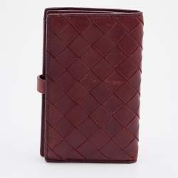 Pre Owned Bottega Veneta Red Intrecciato Leather French Compact Wallet