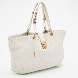 Pre Owned Bottega Veneta Off White Intrecciato Leather Tote