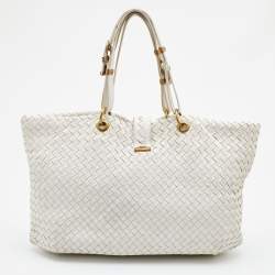 Pre Owned Bottega Veneta Off White Intrecciato Leather Tote