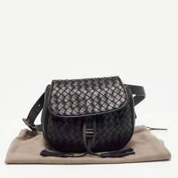 Pre Owned Bottega Veneta Black Intrecciato Leather Zip Around Tassel Belt Bag