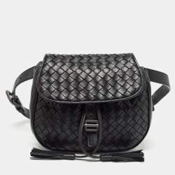 Pre Owned Bottega Veneta Black Intrecciato Leather Zip Around Tassel Belt Bag