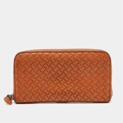 Bottega Veneta Orange Intrecciato Leather Zip Around Continental Wallet