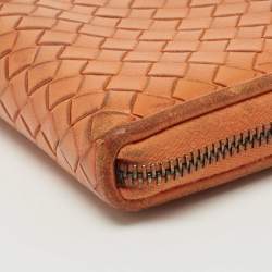 Bottega Veneta Orange Intrecciato Leather Zip Around Continental Wallet