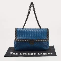 Pre Owned Bottega Veneta Blue/Black Intrecciato Leather and Karung Flap Chain Bag