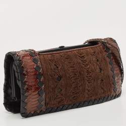 Pre Owned Bottega Veneta Black/Brown Python And Intrecciato Leather Clutch Bag