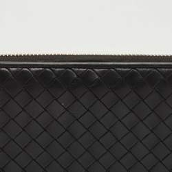 Pre Owned Bottega Veneta Black Intrecciato Leather Zip Around Wallet