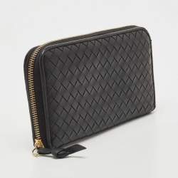 Pre Owned Bottega Veneta Black Intrecciato Leather Zip Around Wallet