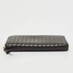 Pre Owned Bottega Veneta Black Intrecciato Leather Zip Around Wallet