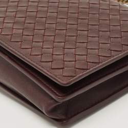 Pre Owned Bottega Veneta Dark Burgundy Intrecciato Leather Flap Chain Clutch