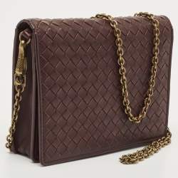 Pre Owned Bottega Veneta Dark Burgundy Intrecciato Leather Flap Chain Clutch