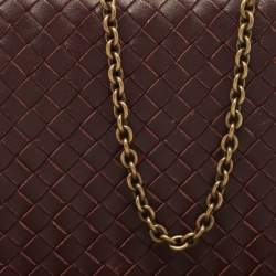 Pre Owned Bottega Veneta Dark Burgundy Intrecciato Leather Flap Chain Clutch