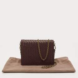 Pre Owned Bottega Veneta Dark Burgundy Intrecciato Leather Flap Chain Clutch