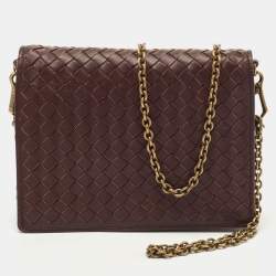 Pre Owned Bottega Veneta Dark Burgundy Intrecciato Leather Flap Chain Clutch