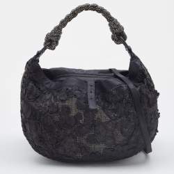 Pre Owned Bottega Veneta Black Lasercut Leather Floral Applique Hobo