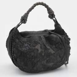 Pre Owned Bottega Veneta Black Lasercut Leather Floral Applique Hobo
