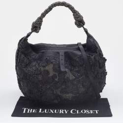 Pre Owned Bottega Veneta Black Lasercut Leather Floral Applique Hobo