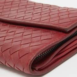 Pre Owned Bottega Veneta Red Intrecciato Leather Flap Continental Wallet