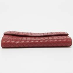 Pre Owned Bottega Veneta Red Intrecciato Leather Flap Continental Wallet