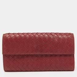 Pre Owned Bottega Veneta Red Intrecciato Leather Flap Continental Wallet