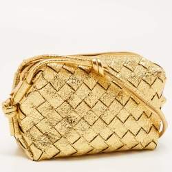 Pre Owned Bottega Veneta Gold Intrecciato Foil Leather Mini Loop Camera Crossbody Bag