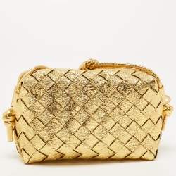 Pre Owned Bottega Veneta Gold Intrecciato Foil Leather Mini Loop Camera Crossbody Bag