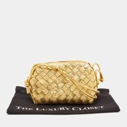 Pre Owned Bottega Veneta Gold Intrecciato Foil Leather Mini Loop Camera Crossbody Bag