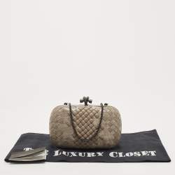 Pre Owned Bottega Veneta Grey Intrecciato Watersnake and Leather Knot Chain Clutch