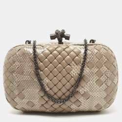 Bottega Veneta Knot Satin And Water-snake Clutch in Gray