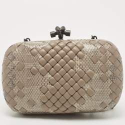 Pre Owned Bottega Veneta Grey Intrecciato Watersnake and Leather Knot Chain Clutch
