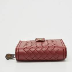 Pre Owned Bottega Veneta Red Intrecciato Leather Bifold Zip Wallet