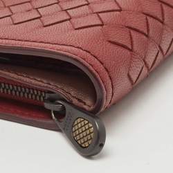 Pre Owned Bottega Veneta Red Intrecciato Leather Bifold Zip Wallet