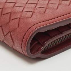 Pre Owned Bottega Veneta Red Intrecciato Leather Bifold Zip Wallet