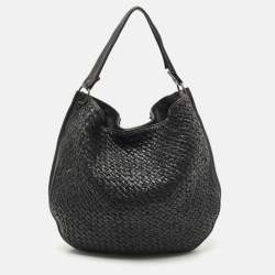 Pre Owned Bottega Veneta Black Intercciato Leather Large Loop Hobo