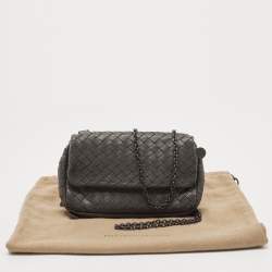 Pre Owned Bottega Veneta Dark Grey Intrecciato Leather Flap Chain Clutch