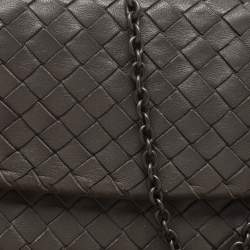 Pre Owned Bottega Veneta Dark Grey Intrecciato Leather Flap Chain Clutch