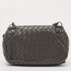 Pre Owned Bottega Veneta Dark Grey Intrecciato Leather Flap Chain Clutch