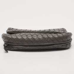 Pre Owned Bottega Veneta Dark Grey Intrecciato Leather Flap Chain Clutch