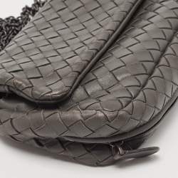 Pre Owned Bottega Veneta Dark Grey Intrecciato Leather Flap Chain Clutch