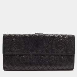 Pre Owned Bottega Veneta Black Intrecciato Leather Flap Continental Wallet
