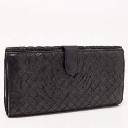 Pre Owned Bottega Veneta Black Intrecciato Leather Flap Continental Wallet