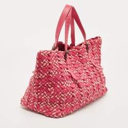 Pre Owned Bottega Veneta Pink/Beige Top Woven Leather Shopper Tote