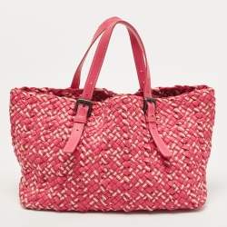 Pre Owned Bottega Veneta Pink/Beige Top Woven Leather Shopper Tote
