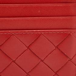 Pre Owned Bottega Veneta Red Intrecciato Leather Card Holder