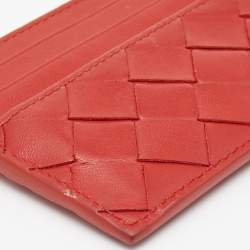 Pre Owned Bottega Veneta Red Intrecciato Leather Card Holder