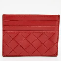 Pre Owned Bottega Veneta Red Intrecciato Leather Card Holder