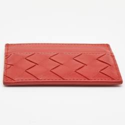 Pre Owned Bottega Veneta Red Intrecciato Leather Card Holder