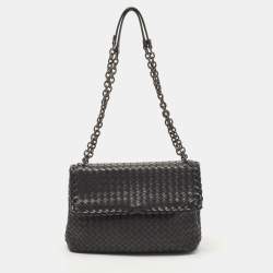 Pre Owned Bottega Veneta Black Intrecciato Leather Medium Olimpia Flap Shoulder Bag