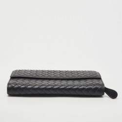 Pre Owned Bottega Veneta Black Intrecciato Leather Flap Continental Wallet