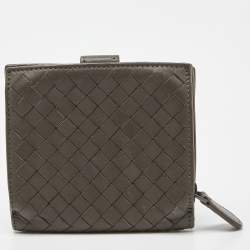 Pre Owned Bottega Veneta Grey Intrecciato Leather French Compact Wallet